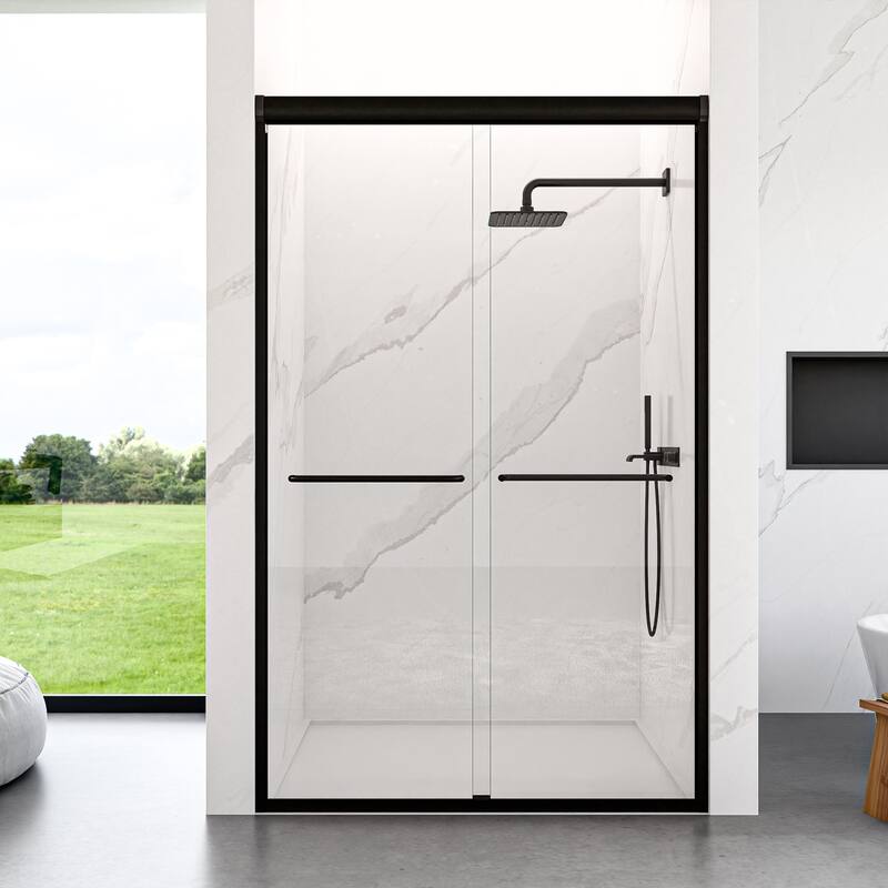 GDFStudio - Modern Semi-Frameless Double Sliding Shower Door with 1/4" SGCC Tempered Glass & Stainless Steel Handle - 44"-48"Wx72" H - Matte Black