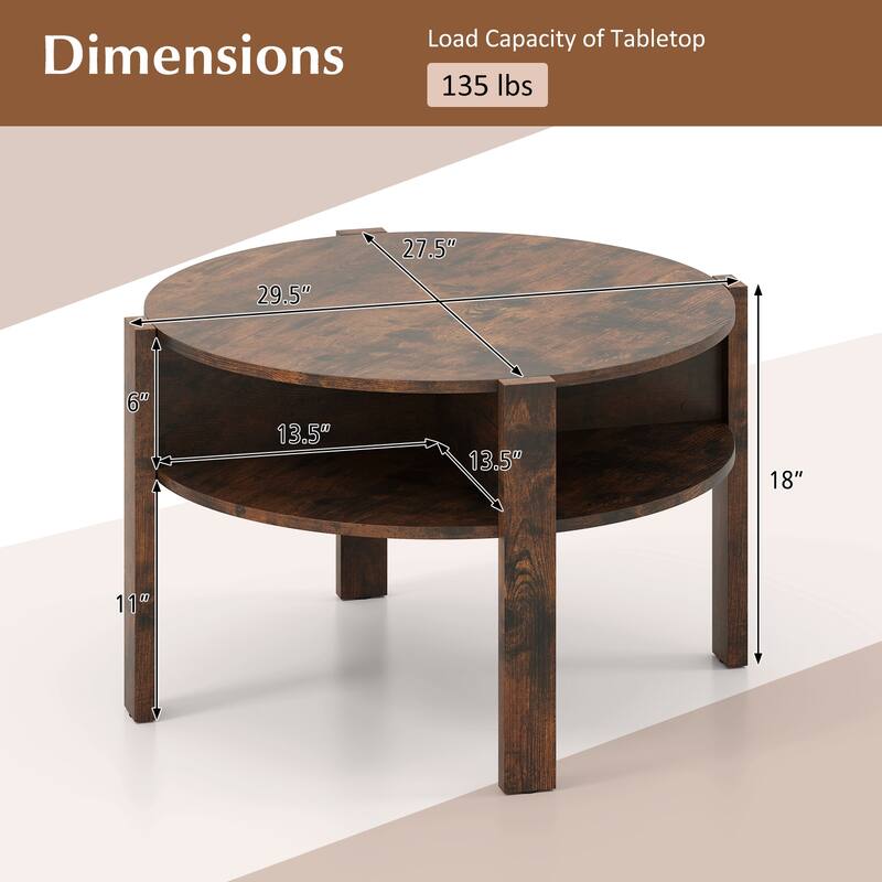 Gymax 29.5'' 2-Tier Round Coffee Table w/ Storage 4 Shelves Faux