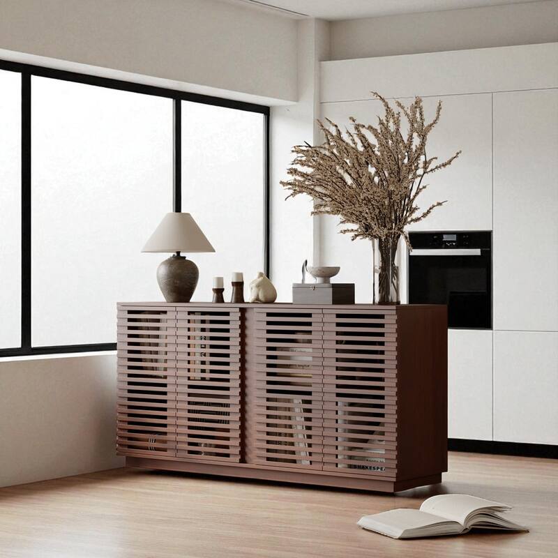 60" Buffet Sideboard Cabinet with Slatted Solid Wood Doors and Adjustable Shelves - Dining Room Storage Unit