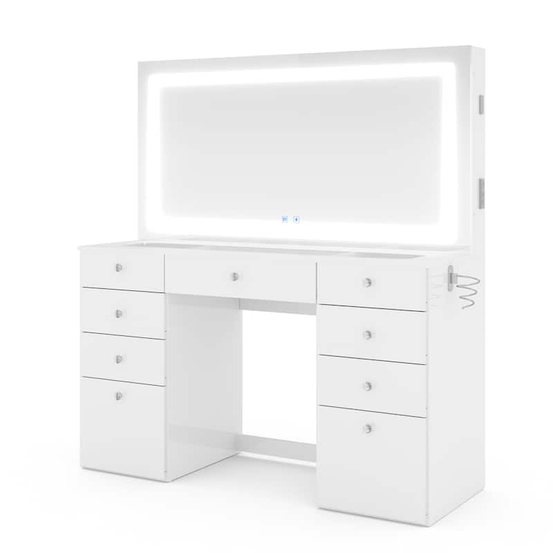 Smart Makeup Vanity Desk with LED Lighted Mirror, Bluetooth Speakers, Glass Top & 11 Drawers, White