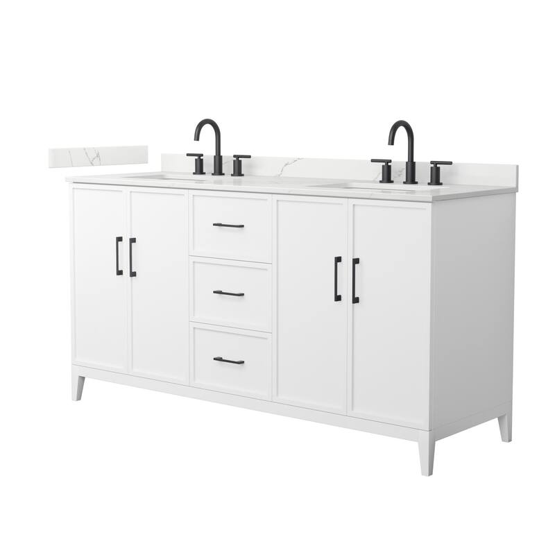Elan 66-inch Double Vanity, 3 Hole Quartz Top - White, Black Trim, Giotto Quartz Top