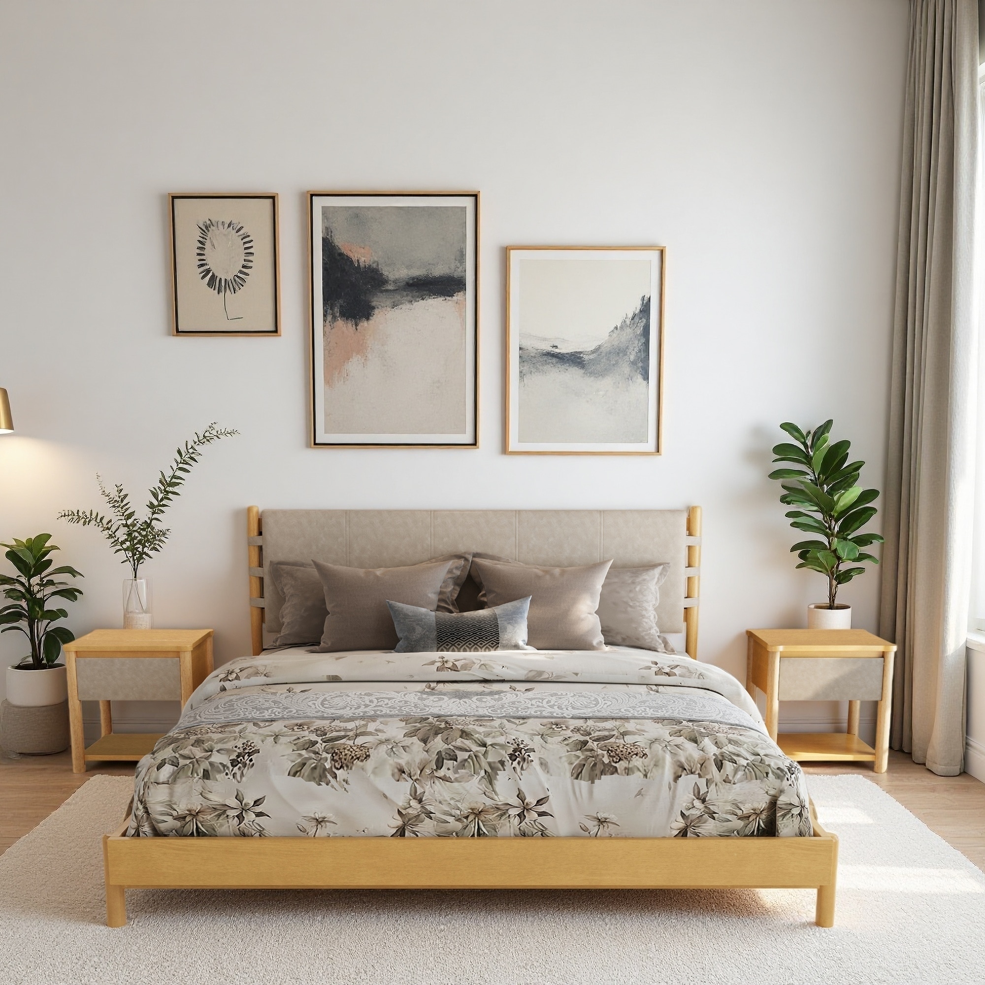 3-Piece Modern Wood Platform Bedroom Set with Headboard and 2 Nightstands