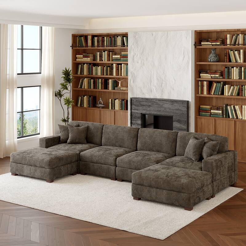 Oversized Chenille Modular Sectional Sofa Conversation Set with 2 Ottomans