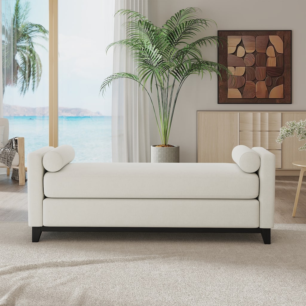 Roomfitters 66-Inch Sherpa Upholstered Bench, Mid-Century Modern End of Bed Ottoman with Bolster Pillows and Black Legs