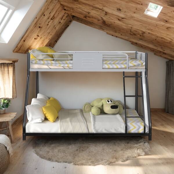 slide 2 of 13, Kid Bed Frame Metal Twin over Full Bunk Bed with Safety Guardrail,Noise-Free Design Black