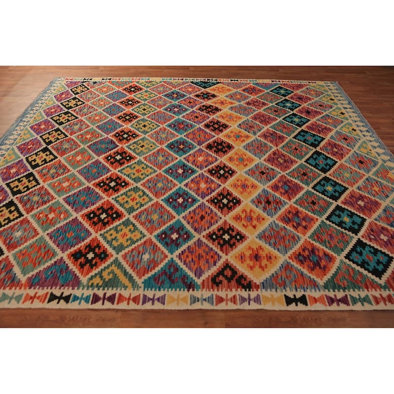 Reversible Trellis Kilim Oriental Area Rug Flatweave Wool Carpet - 8'2"x 9'8"
