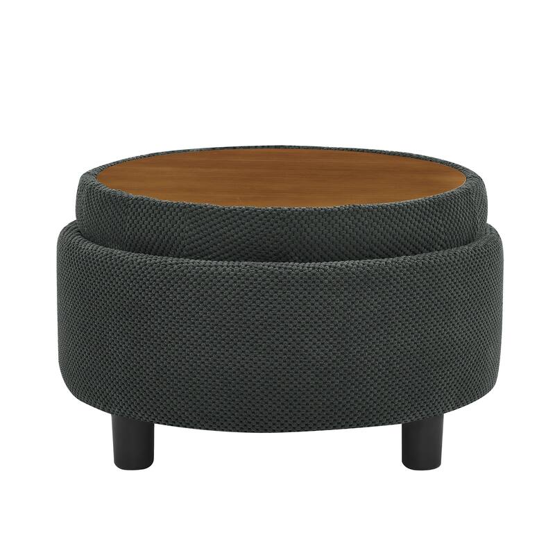 Round Storage Ottoman with Lift-Off Tray and Upholstered Fabric