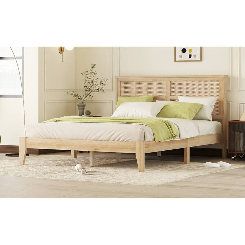 Roomfitters Queen Solid Rubber Wood Bed Frame with Rattan Headboard, Reinforced Support Feet Platform Design, White