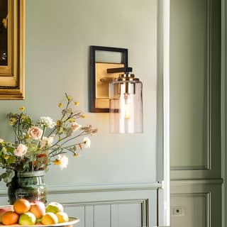 1-Light Cylindrical Seeded Glass Wall Sconce Modern Black Gold Vanity Lights - 5.5" L x 6" W x 10" H