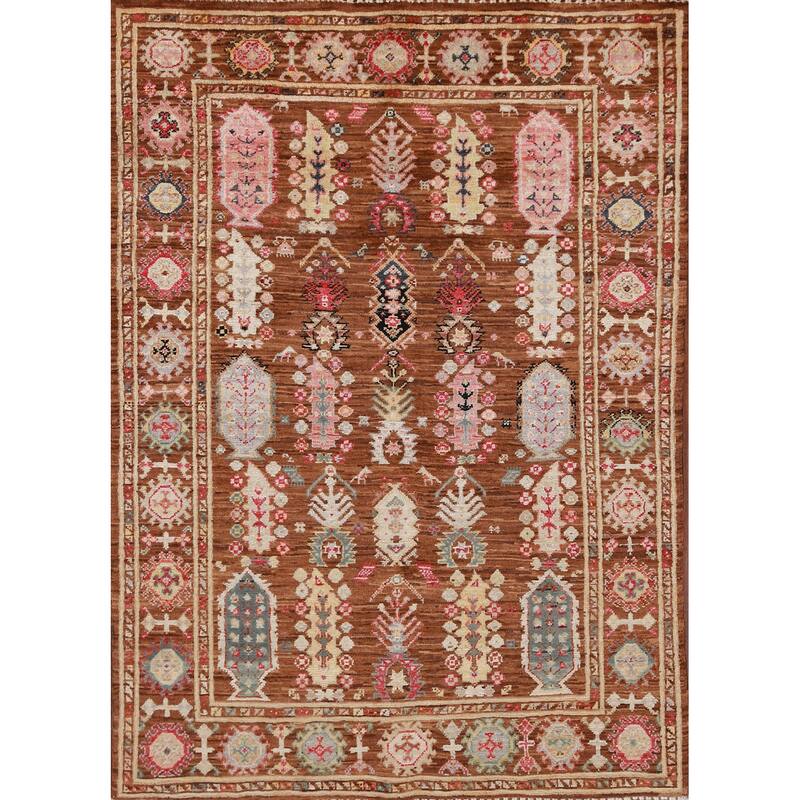 Hand Knotted Oriental 100% Wool Carpet Transitional Geometric Brown Oushak Area Rug - 4' 10'' X 3' 5''
