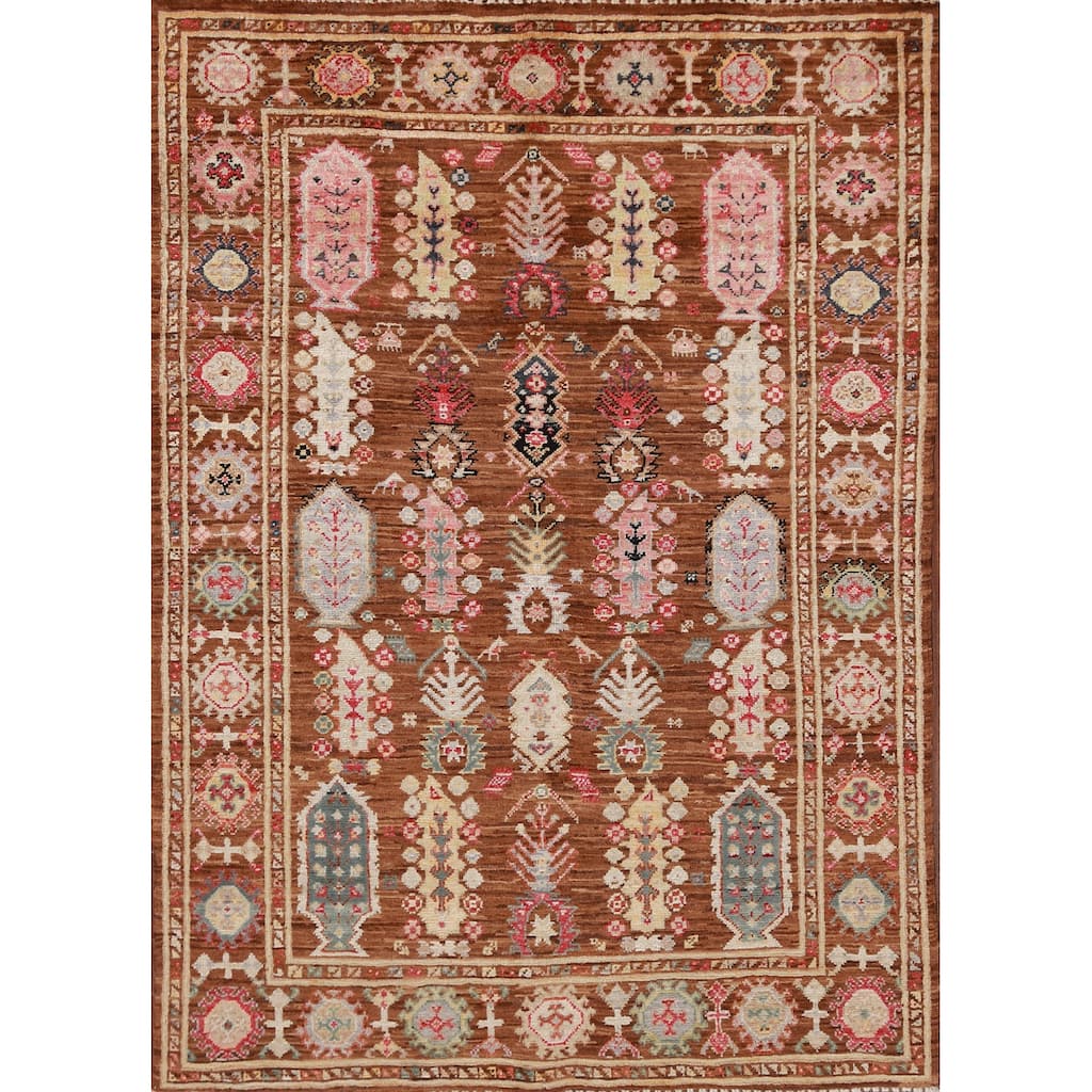 Hand Knotted Oriental 100% Wool Carpet Transitional Geometric Brown Oushak Area Rug - 4' 10'' X 3' 5''