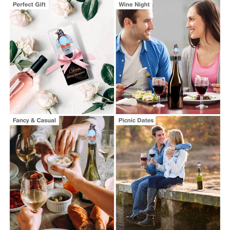 Cheers Penguin Glass Wine Stopper - Elegant Vacuum Seal Reusable - 1″Lx2″Wx4.75″H