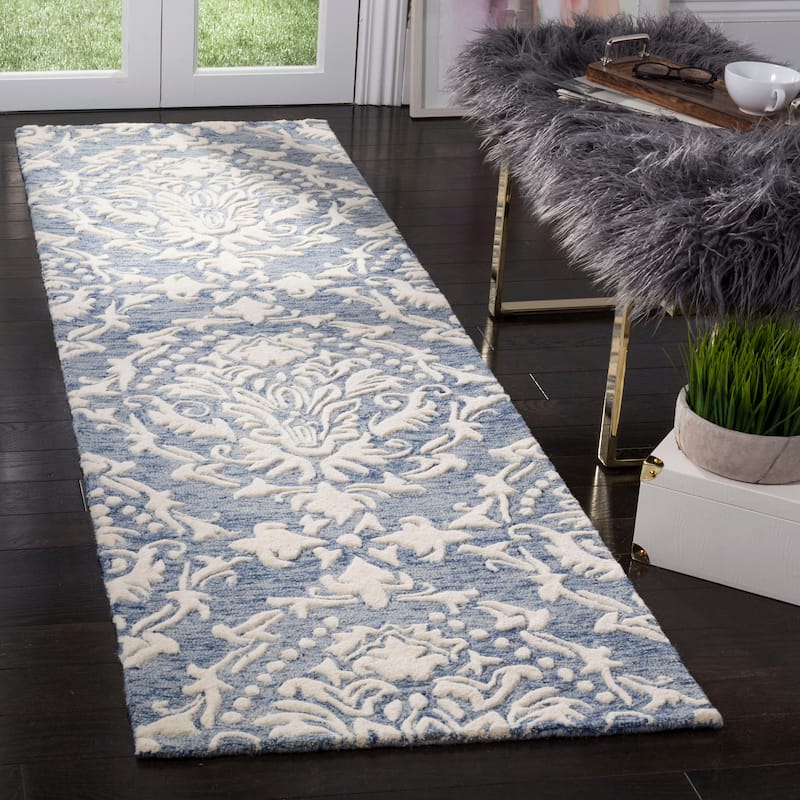 SAFAVIEH Handmade Blossom Lollie Modern Floral Wool Rug - 2'3" x 8' Runner - Blue/Ivory