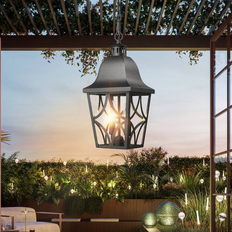 Modern Black Outdoor Pendant Light - Anti-Rust Hanging Lantern with Glass Shade for Porch, Front Door (1-Pack)