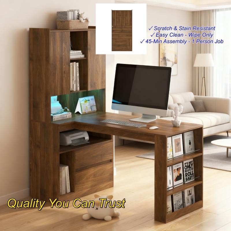 L-Shaped Computer Desk with LED Light & Bookshelf, Modern Corner Gaming Desk with Drawers and Storage