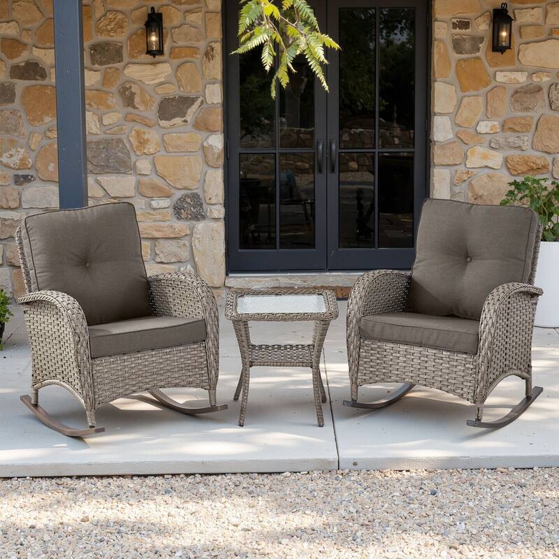 PlainCurve 3-Piece Wicker Outdoor Patio Conversation Set with Rocking Chairs and Olefin Cushions - Gray Cushions - Gray Wicker