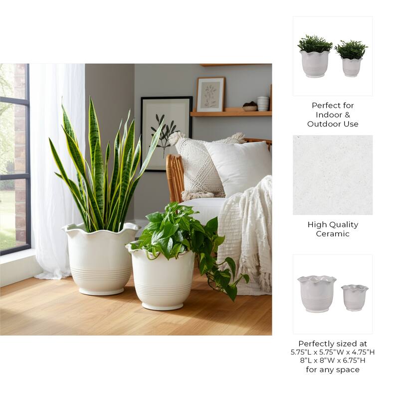 Ceramic Planter Scalloped Rim Ribbed Design Home Decor (Set of 2) - 8" x 8" x 6.75"