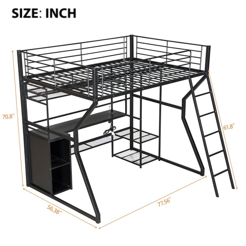 Full Size Metal Gaming Loft Bed w/Built-in Work Station,Open Wardrobe