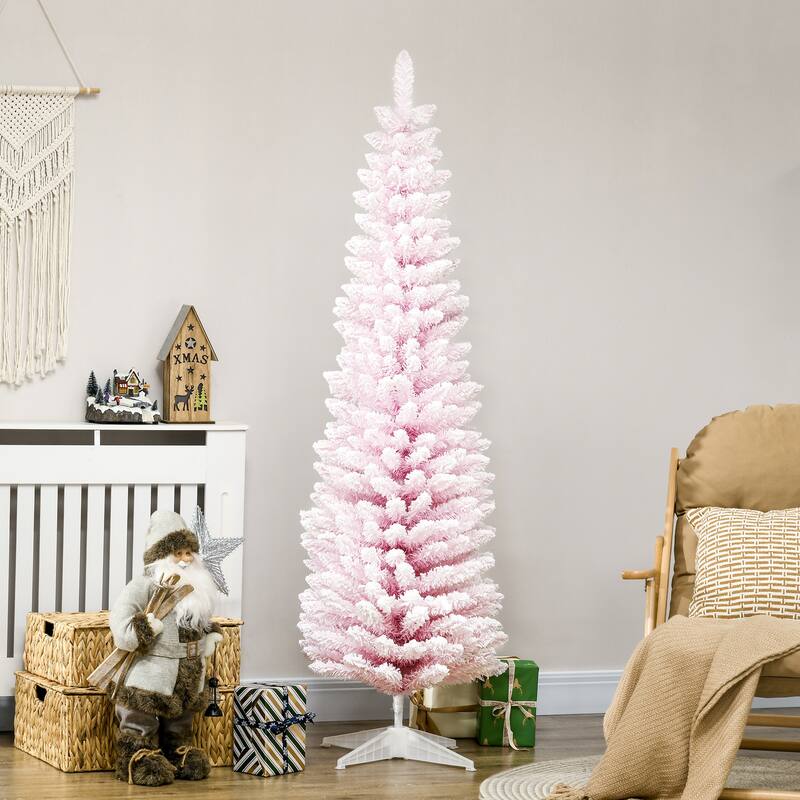 6ft Snow-Flocked Slim Pencil Christmas Tree, Unlit Artificial Xmas Tree with Plastic Stand, Easy Assembly