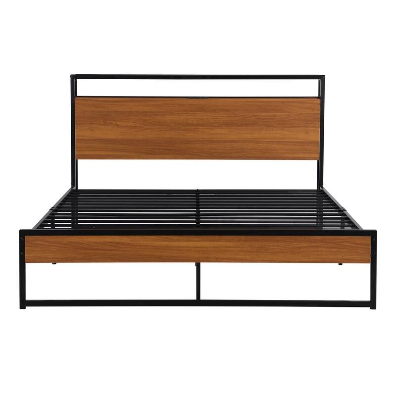 Queen Size Metal Platform Bed Frame with Sockets