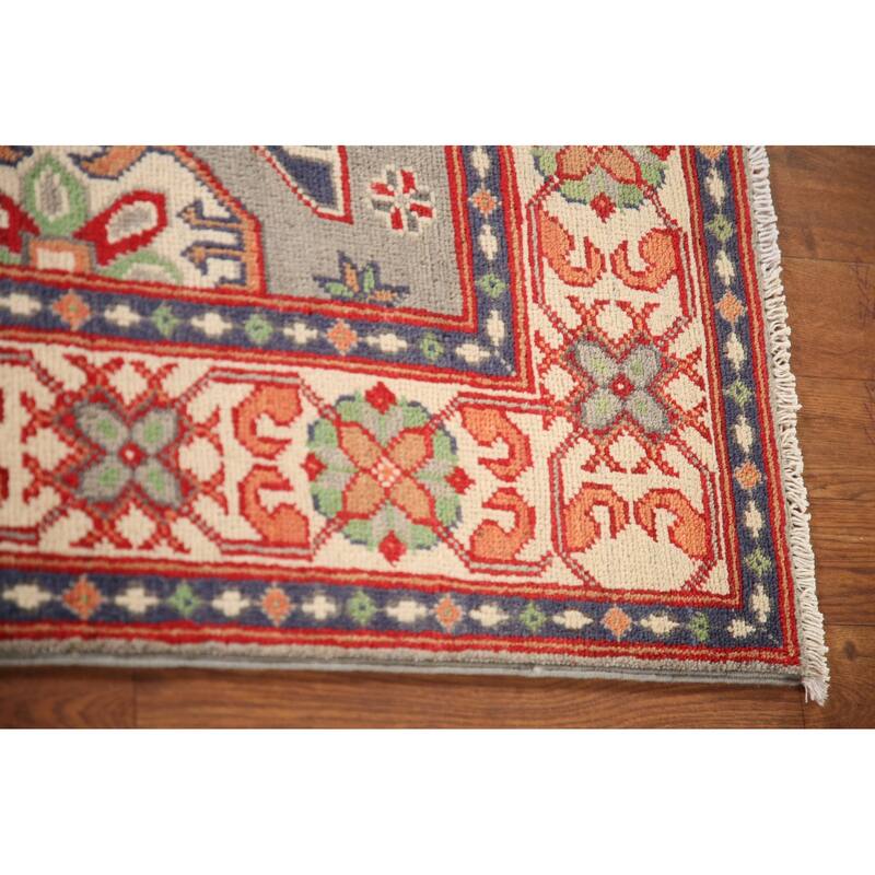Geometric Kazak Rug Hand-Knotted Grey Wool Carpet - 3'3"x 4'10"