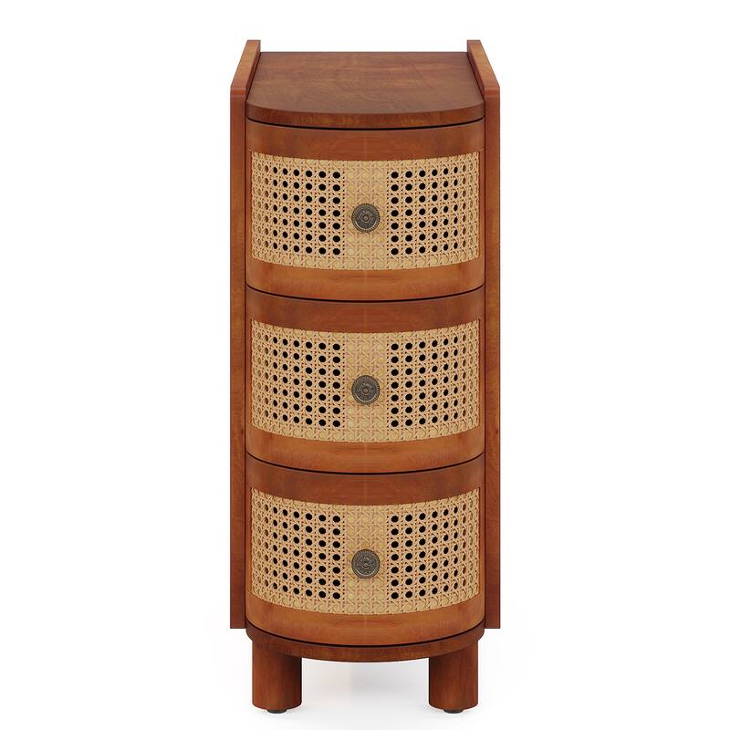 10.62" Narrow Rattan 3-Drawer End Table, Walnut & Oak Slim Nightstand, No Assembly, Sofa Side Table for Bedroom, Living Room