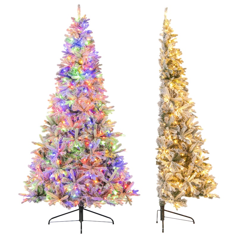 Half Christmas Tree 7ft Prelit Snow Flocked Artificial Tree with LED Lights Remote Control 9 Modes and Foldable Metal Stand - Green