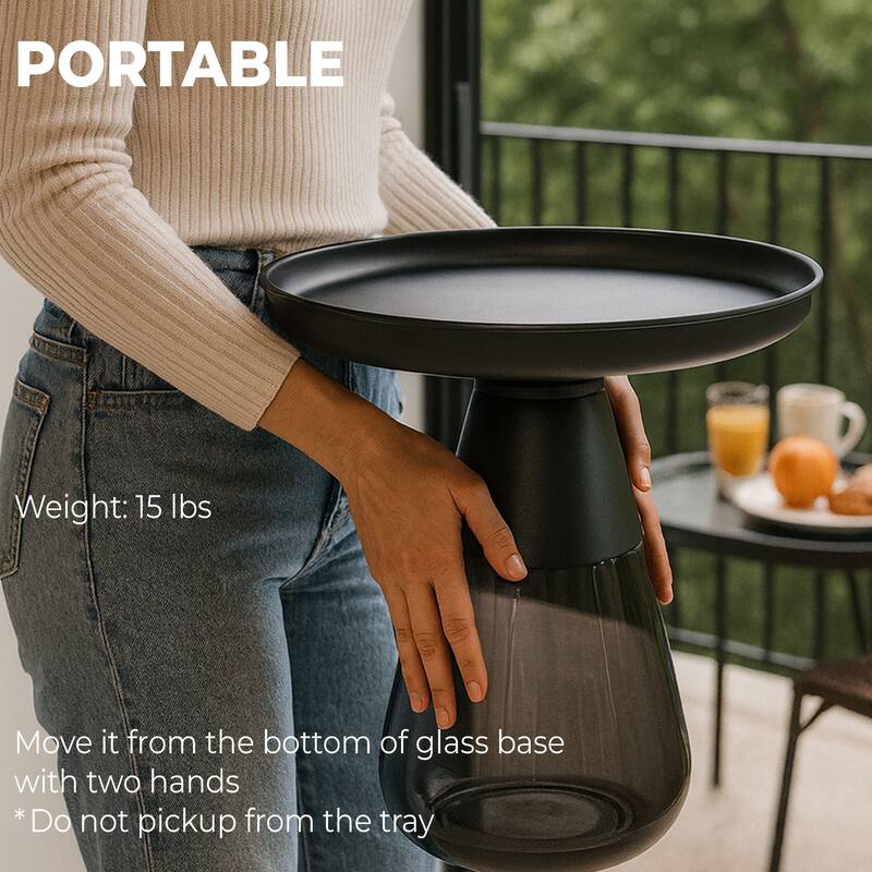 Nesting Table - Matte Black Tray Top with Smoky Glass Base - 19x20