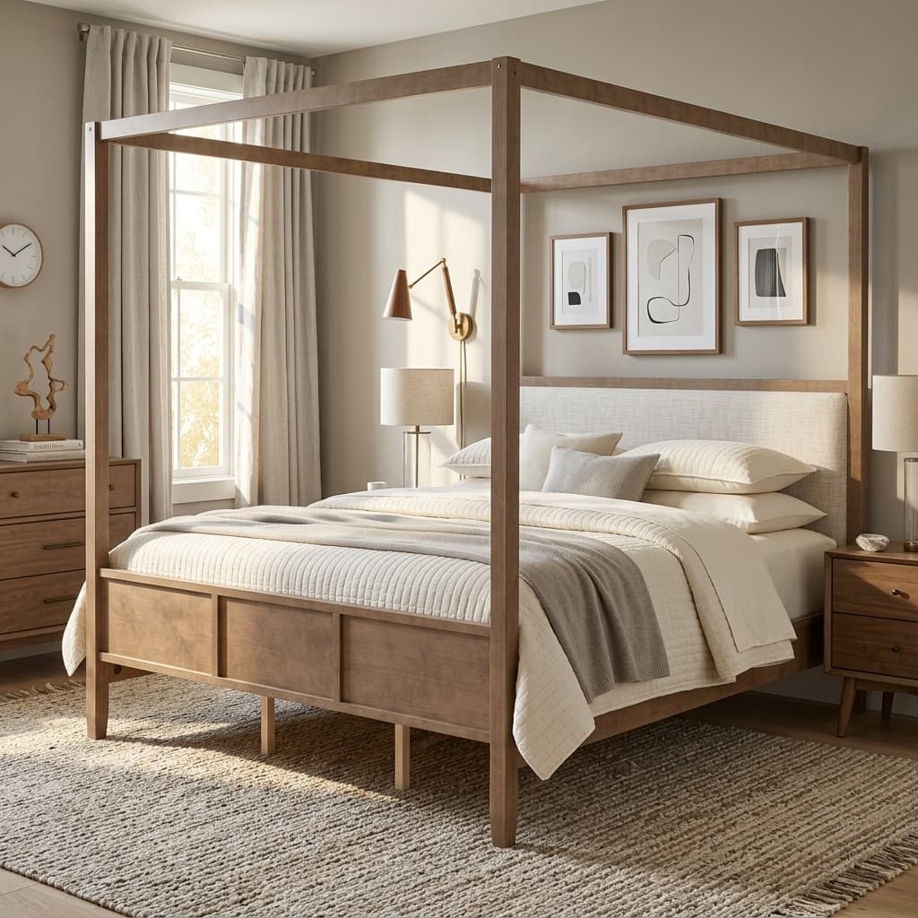 Canopy Wood Platform Bed with Linen Upholstered Headboard by Harper&Bright Designs