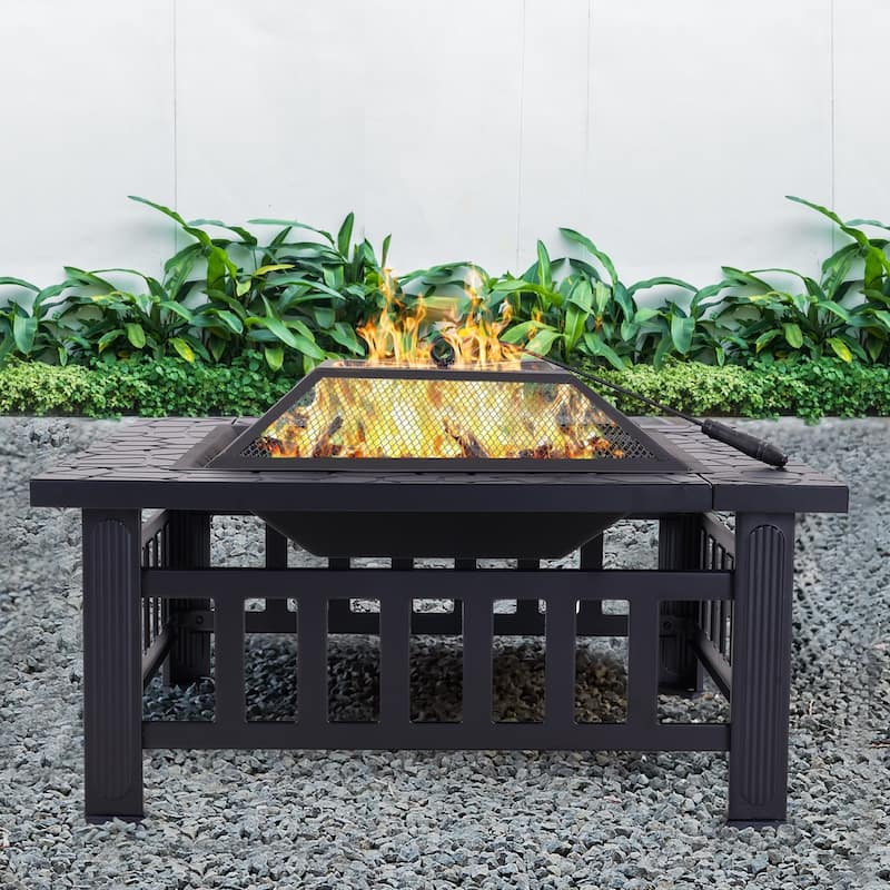 32Inch Outdoor– Wood Burning Fire Pit with Mesh Lid and Fire Picker, Outside Small Fire Pits for Backyard, Porch, Deck, BBQ