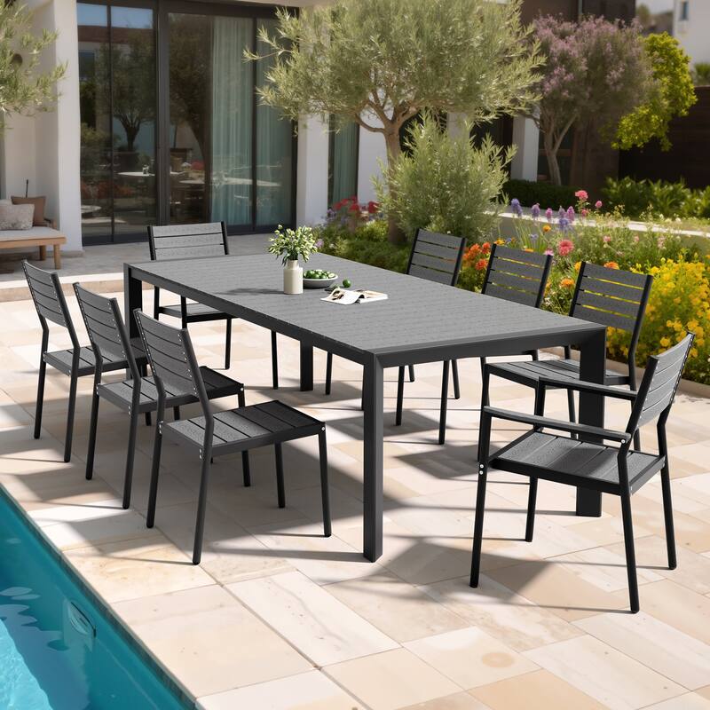 Set of 9 Outdoor Patio Dining Set WoodLike Table Top Aluminum Rectangular Umbrella Hole Table with Stackable Dining Chairs Set