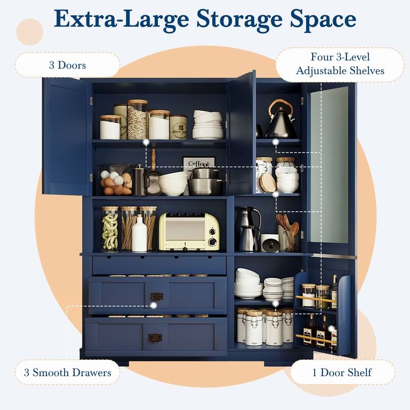 Freestanding 78.3" Kitchen Pantry with Hutch, Large Kitchen Pantry Storage with Drawers,Door Shelf and Adjustable Shelves