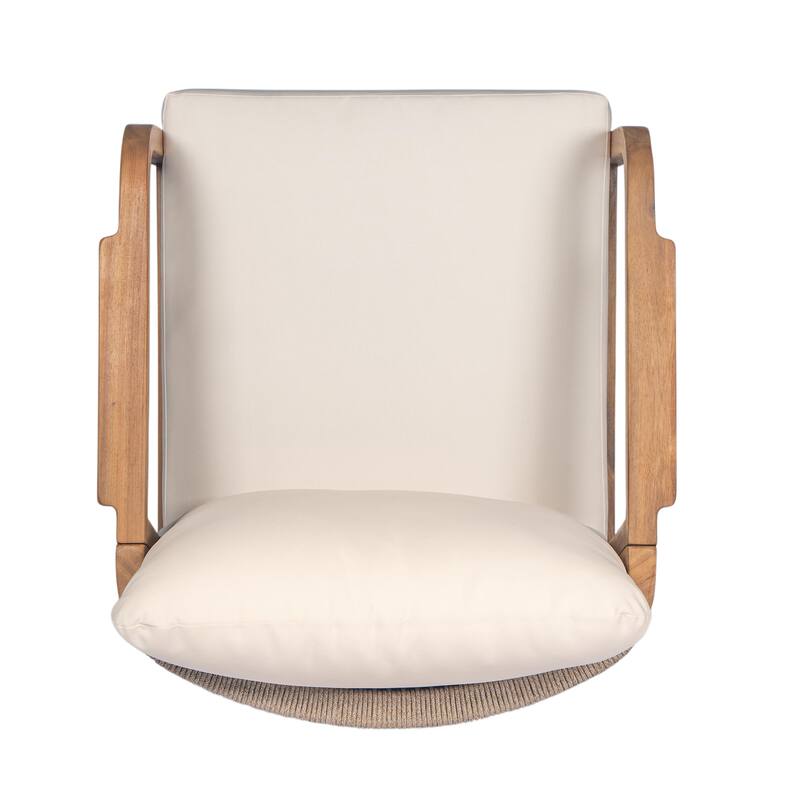 28" Outdoor Lounge Chair with Woven Backrest, Solid Wood Frame, Comfortable Cushions, and Curved Armrests for Patio or Garden