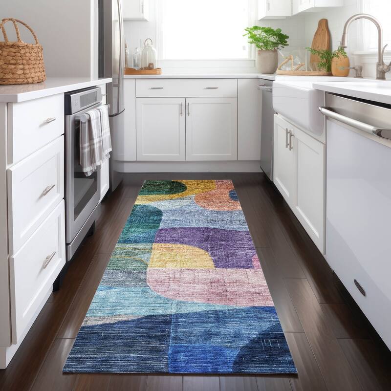 Machine Washable Indoor/ Outdoor Abstract Contemporary Chantille Rug - Blue - 2'3" x 7'6"