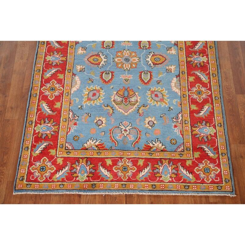 Light Blue Floral Kazak Oriental Area Rug Hand-Knotted Wool Carpet - 4'1"x 6'0"