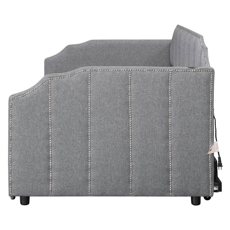 Twin Size Upholstered Daybed with Pop-Up Trundle & USB Charging Ports