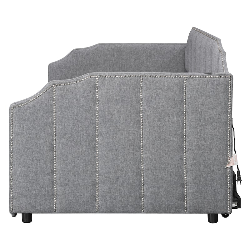 Twin Upholstered Daybed with Pop-Up Trundle, USB Charging Ports, Convertible Sofa Bed