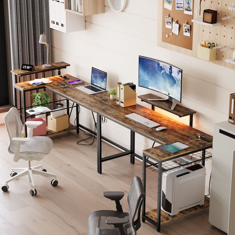 Reversible L Shaped Desk LED Computer Desk with Power Outlets and Monitor Stand Office Desk