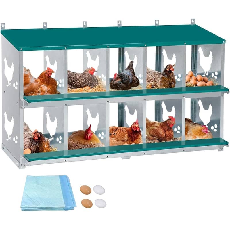 Metal Chicken Nesting Boxes for Hens with 4 Fake Eggs, 10 Soft Nest Pads - Green - Green 10 Compartments
