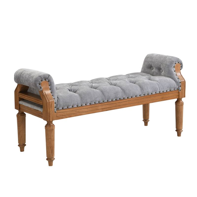Christopher Knight Home - Mid-Century Solid Rubberwood Upholstered Bench with Rolled Arms, Button-Tufted Cushion & Nailhead Trim