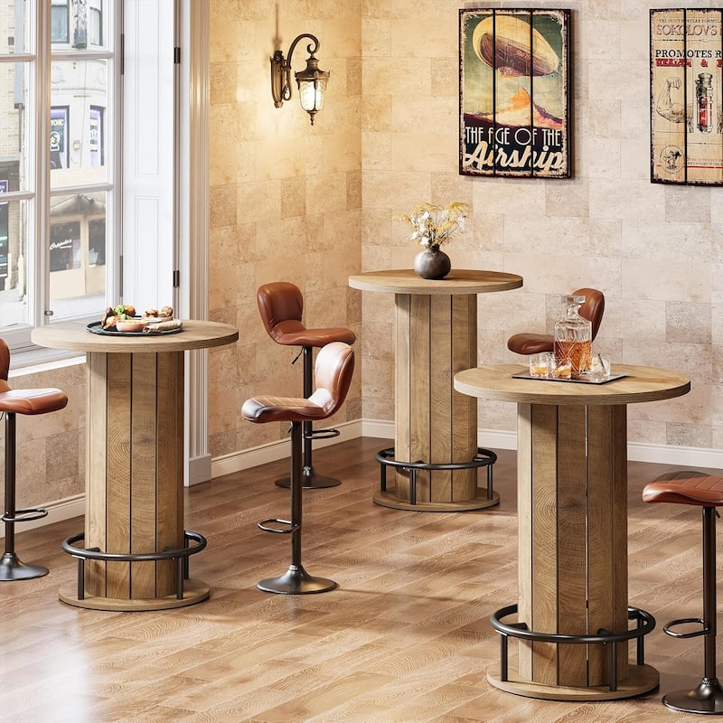 39.4 Inches Brown Wood Bar Table, Round Bistro Pub Table with Metal Ring Footrest