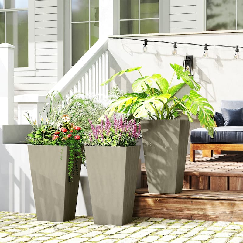 Outsunny 28" Tall Plastic Flower Pot, Set of 3, Large Outdoor & Indoor Plastic Garden Planters, for Entryway, Patio, Yard - Grey