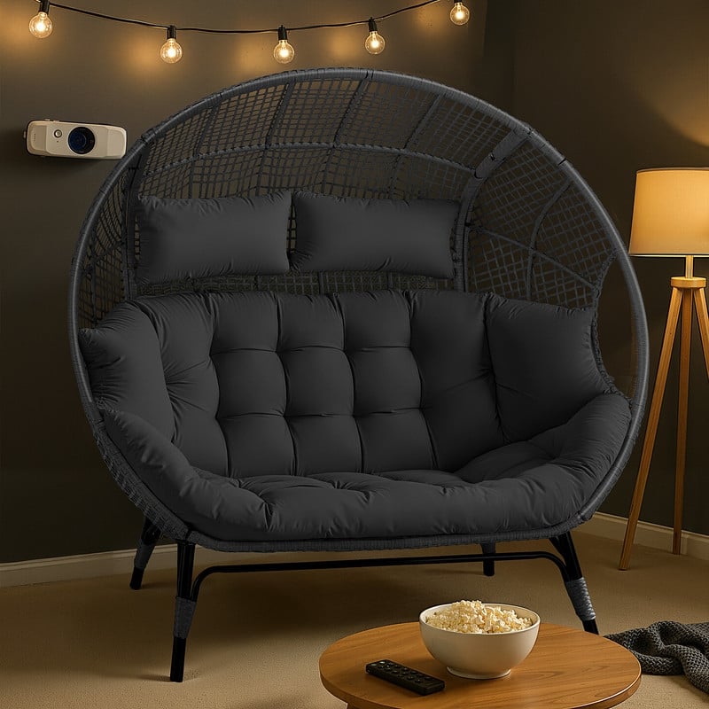 2-Person Indoor Wicker Egg Chair Loveseat, 57.1" Wide, 6.5" Cushion, 680-lb Capacity