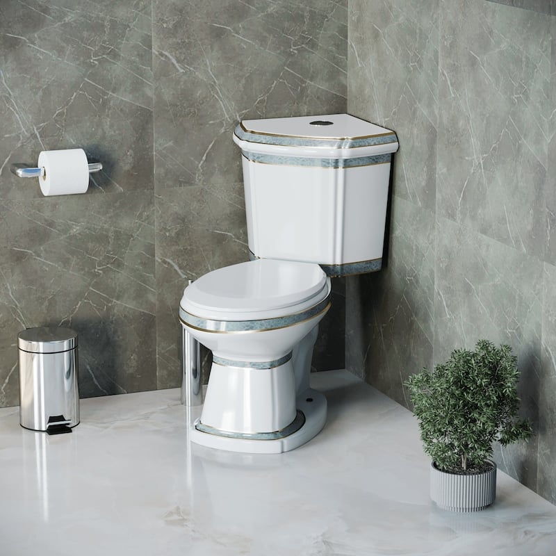 Corner Two Piece Toilet India Reserve with Elongated Bowl with Green Gold Accent and Slow Close Toilet Seat Renovators Supply
