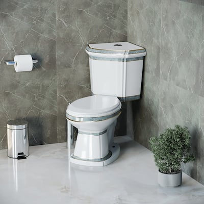 Corner Two Piece Toilet India Reserve with Elongated Bowl with Green Gold Accent and Slow Close Toilet Seat Renovators Supply