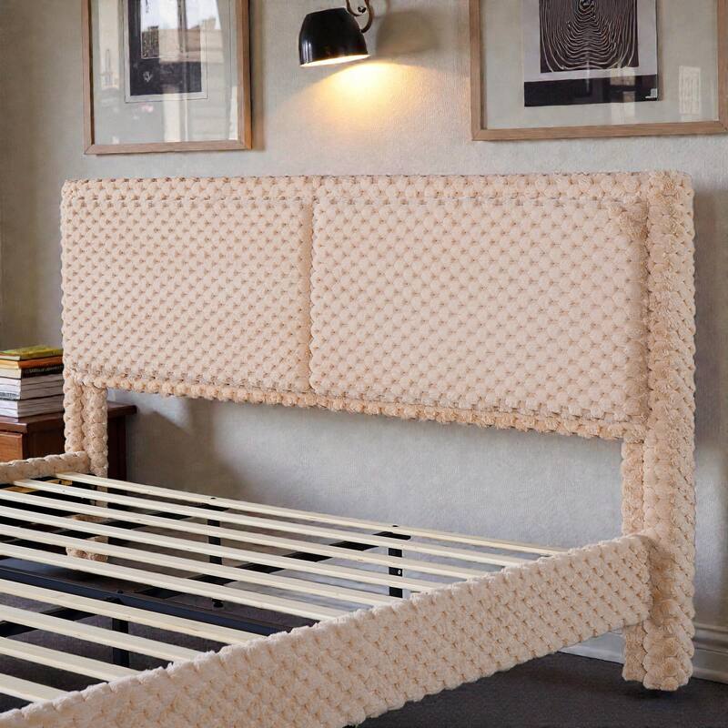 Modern Plush Upholstered Bed with Soft Padded Backrest, Solid Wood Frame & Rounded Safety Design, Queen/King