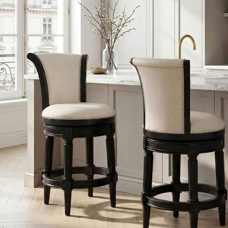 Copper Grove Rijssen Counter-Height Wood Swivel Stool with Upholstered Seat - Obsidian Black/Antique Ivory - Counter Height