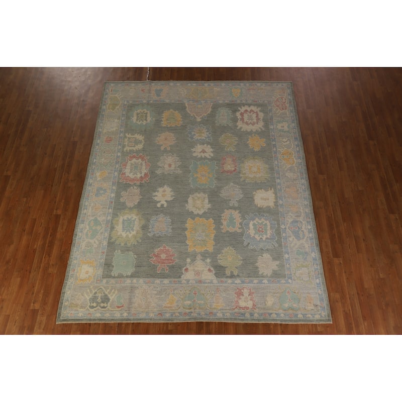 Hand Knotted Oriental 100% Wool Carpet Transitional All-Over Green Oushak Area Rug - 10' 4'' X 8' 2''