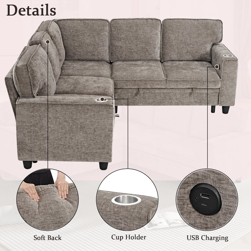 81" Chenille L-Shaped Sofa Bed with Pull-Out Mattress, Storage and USB Charging, 5-Seater