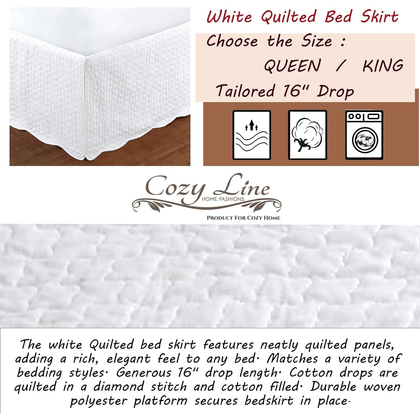 White Quilted Bed Skirt Dust Ruffle Matelasse Tailored 16 Drop Queen